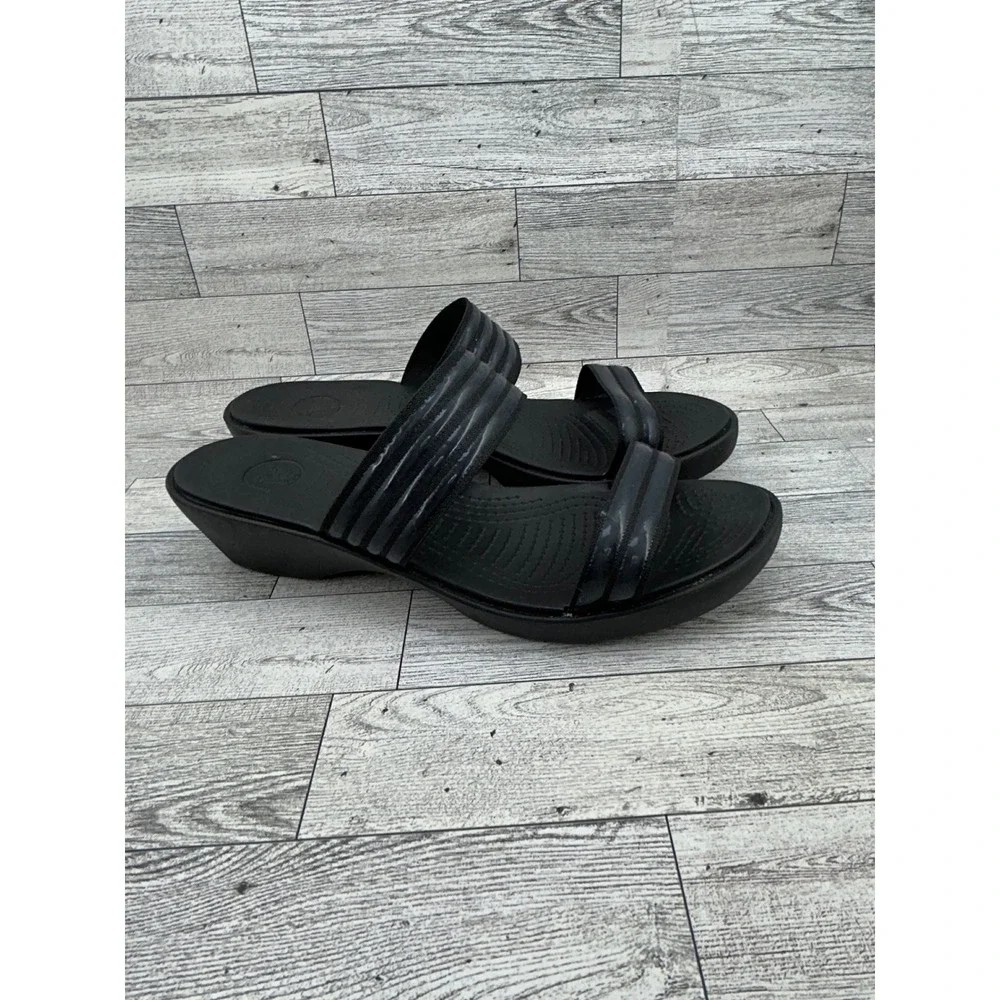 Crocs Cyprus IV Black Wedge Sandals Women Size 10 Two Strap Slip On Heels